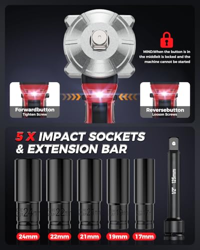 Cordless Impact Wrench 1200 Nm, 1/2 inch Impact Gun, 21V 4.0Ah×2 Batteries & Fast Charger, 3-Speed Control with LED Light, Includes 5 Sockets + Extension Bar + Carry Case 5 Cordless Impact Wrench 1200 Nm, 1/2 inch Impact Gun, 21V 4.0Ah×2 Batteries & Fast Charger, 3-Speed Control with LED Light, Includes 5 Sockets + Extension Bar + Carry Case - Image 5
