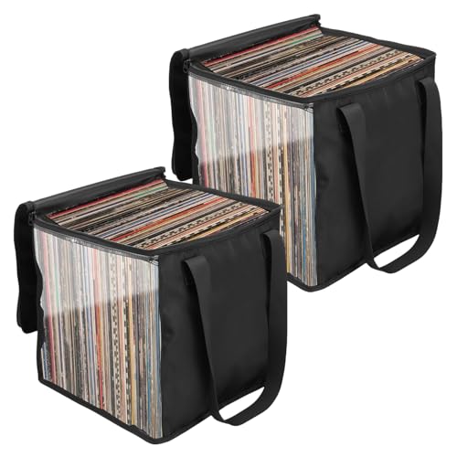 BOBASH Vinyl Record Lot de 2 boîtes de rangement pour disques vinyles de 30,5 cm jusqu'à 90 disques avec poignée Noir