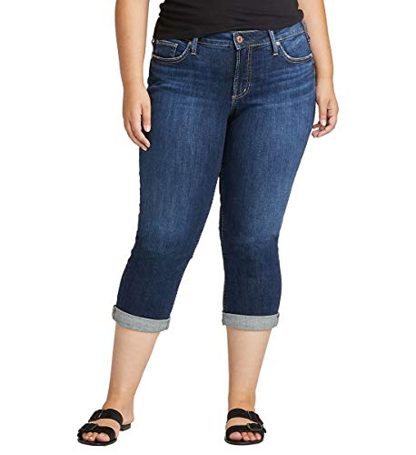 Silver Jeans Co. Women's Plus Size Suki Curvy Fit Mid Rise Capri Jeans, Clean Dark Indigo, 18W