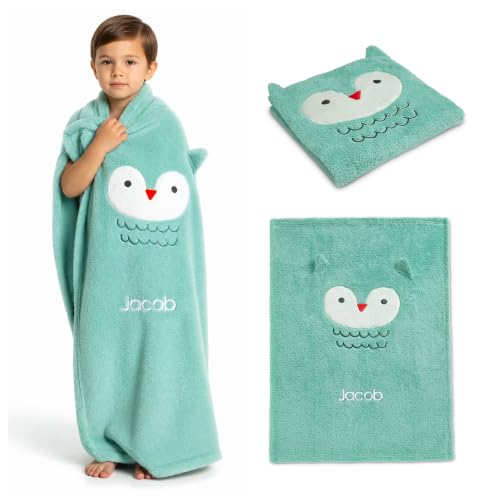 Image of Delta Children Personalized Sherpa Throw Blanket for Kids, Light Teal Owl
