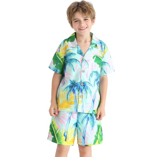 Image of Weixinbuy Boys Summer Outfits Short Sleeve Hawaiian Shirt and Shorts Vacation Set for Kids Summer Clothes Set