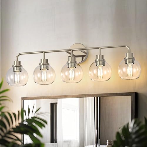 Image of DORESshop 5-Light Bathroom Light Fixtures, 32.67-Inch Nickel Bathroom Vanity Light with Clear Glass Globe Shade, Modern Vanity Lights for Bathroom Living Room Hallway Bedroom, E26, ETL Listed