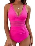 BMJL Women's Tummy Control Swimsuit Mesh Sexy One Piece Bathing Suits Slimming Push-up Swimwear(Hot Pink，L)