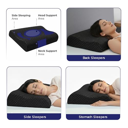 Image of WELLGIVER Cervical Gel Memory Foam Pillow for Neck Pain Relief - Ergonomic Orthopedic Pillow for Sleeping, Contoured Support for Side, Back & Stomach Sleepers | Black | Pack of 1| 19 x 11 x 3.5 Inch