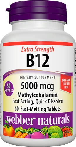 Webber Naturals Vitamin B12 Methylcobalamin 5,000 mcg, Easy Dissolve, Bioactive Tablets, 60 Count, Supports Energy Production and Metabolism, Gluten Free, Non-GMO, Suitable for Vegetarians