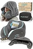 FLOWZOOM Comfy Cuscino da Viaggio con Cappuccio in Schiuma Memory per Aereo e Auto – Cuscino per il Collo Regolabile con Supporto a 360°, Fodera Lavabile e Sacchetto in Rete per il Trasporto - Grigio