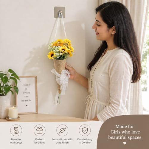 Image of SATYAM KRAFT 1 Pcs Artificial Daisy Flower Bouquet with Pearl Handle | Decorative Wall Hanging Floral Arrangement for Home Decor, Living Room, Gifting & Festive Decoration (Yellow)