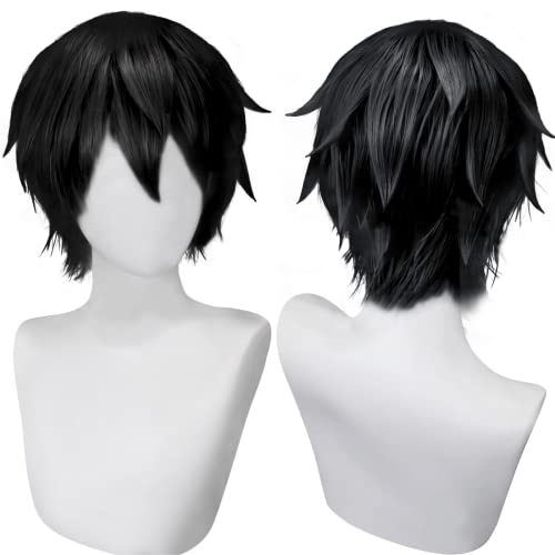 Fenspeed Black Wig for Men Women Short Black Mens Cosplay Wig Layered Wig Fluffy Black Cosplay Wig for Halloween Party