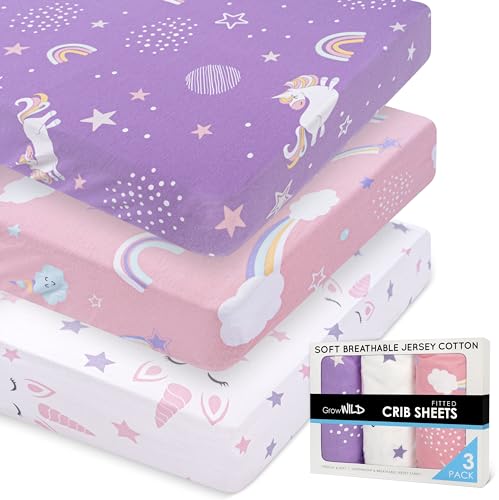 Image of GROW WILD Unicorns & Rainbows Fitted Crib Sheets Girl (3 Pack) - Soft Jersey Cotton Fitted Sheet, Toddler Bed Mattress & Baby Crib Bedding Set for Girls, Baby Girl Nursery Crib - Pink, Purple & White