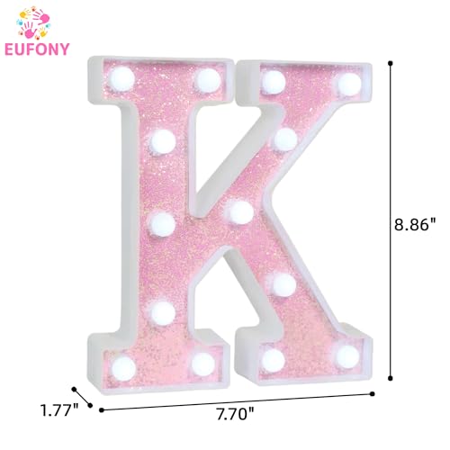 Image of Pink Glitter Marquee Light Up Letters, Battery Operated LED Letter Lights Signs for Pink Birthday Party Table Decorations, Wall Decor for Girls Bedroom, Initial Letter K with Cool White Lights