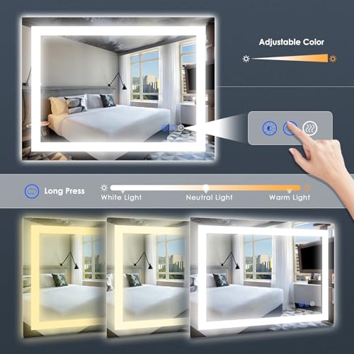 Image of 36x28 LED Bathroom Mirror, Frontlit & Backlit, Wall Vanity Mirror with Lights, 10%-100% Dimmable, 3 Colors, Anti-Fog, Smart Memory, Makeup Mirror with Touch Button