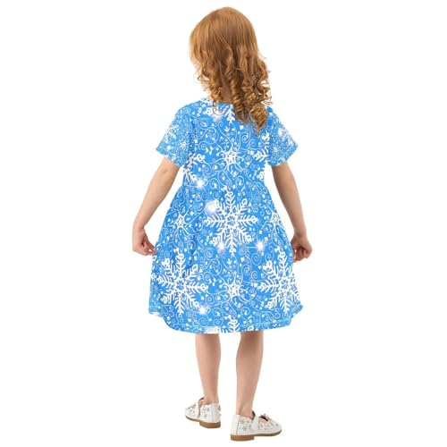 Toddler Girls Short Sleeve Dress White Snowflakes Blue Summer Kids Sundress Playwear Casual Outfits 2T-8T3