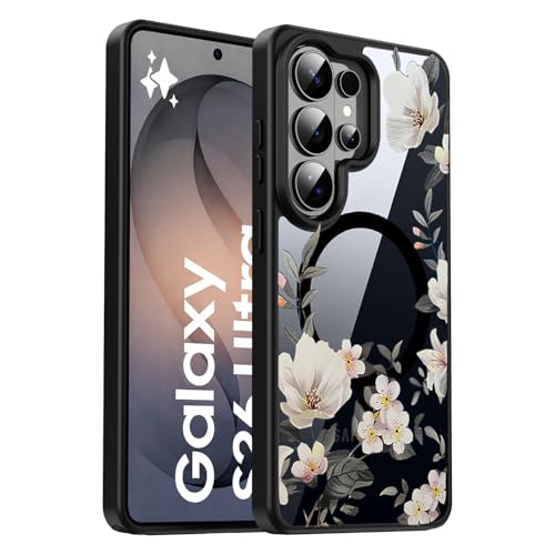 Image of VONZEE Compatible with Samsung Galaxy S26 Ultra 5G Case Luxury Retro Flowers Floral Clear for Magnetic Wireless Charging Case Shockproof PC+TPU Cute Glossy Shiny Cover for Girls Women, Black