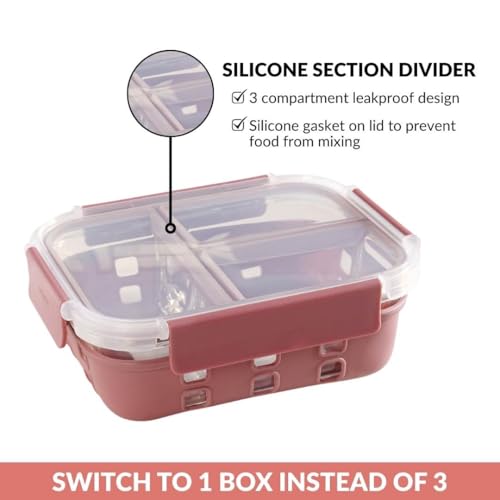 Image of Nestasia Glass Lunch Box with Silicone Sleeve (1000ml) - Borosilicate Glass Lunch Box with 3 Compartments for Office | Microwave & Freezer Safe, Leak-Proof Tiffin Box with Clip Locks (Mauve)