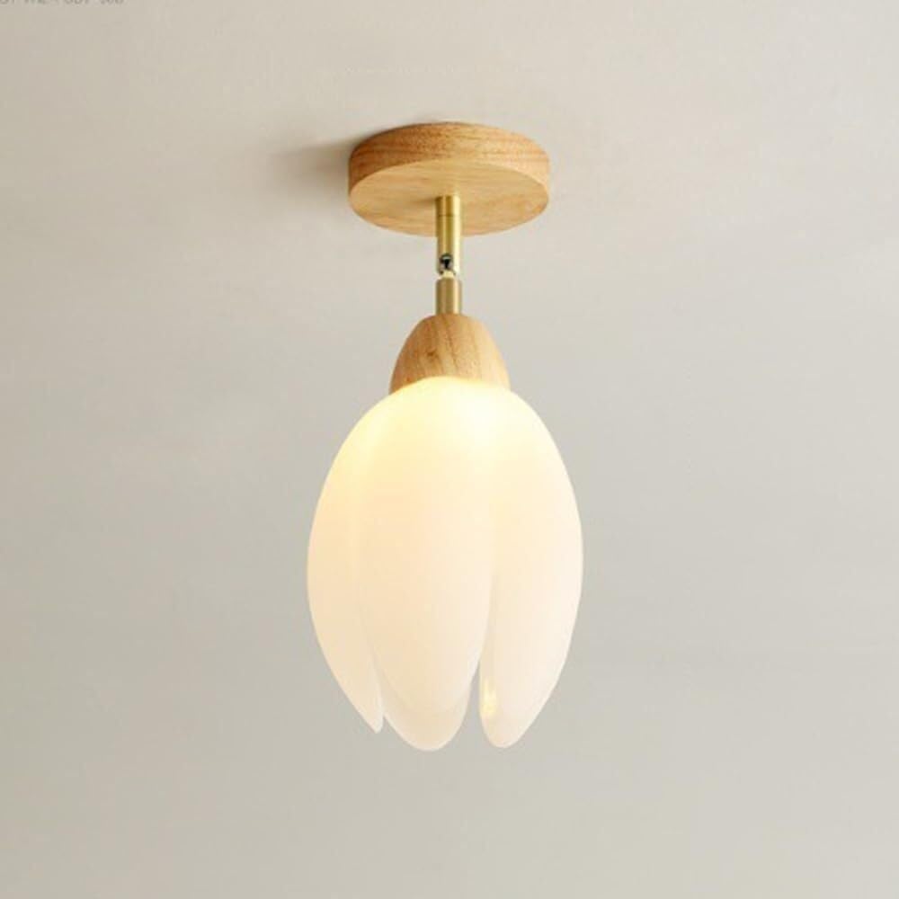 Modern Wood Semi Flush Mount Ceiling Lamp Nordic Flower Bud Ceiling Lights Adjustable Hallway Light Fixture Retro Mini Entry Rotatable Chandelier for Stairway Balcony Aisle Corridor