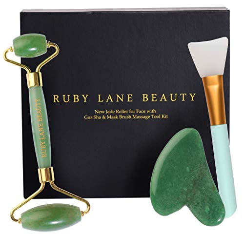 Jade Roller for Face - Gua Sha & Jade Roller Set - Face Massager - 3-in-1 Jade Set for Health & Beauty Benefits - Facial Massage - De-puff Eyes - Soothe Skin