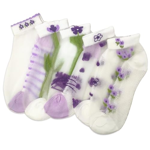 Image of Womens Girls Nylon Socks Sheer Summer Transparent Ankle Socks Mesh Thin Novelty Socks Lilac Flower