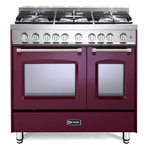 Verona Prestige Series VPFSGG365DBU 36 inch. All Gas Range Freestanding 5 Sealed Burners Double Oven Convection Storage Drawer Burgundy