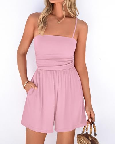BTFBM Summer Rompers For Women 2026 Casual One Piece Spaghetti Strap Sleeveless Shorts Jumpsuit Beach Vacation Outfits(Pink, XX-Large) — view 4