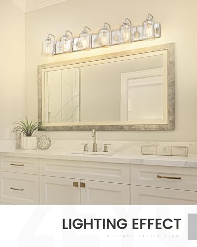 Image of zeyu 6-Light Bathroom Wall Light Fixture, 44 Inch Modern Nickel Vanity Lighting Fixtures for Bedroom, Brushed Nickel Finish with Clear Glass Shade, ZSL72B-6W BN