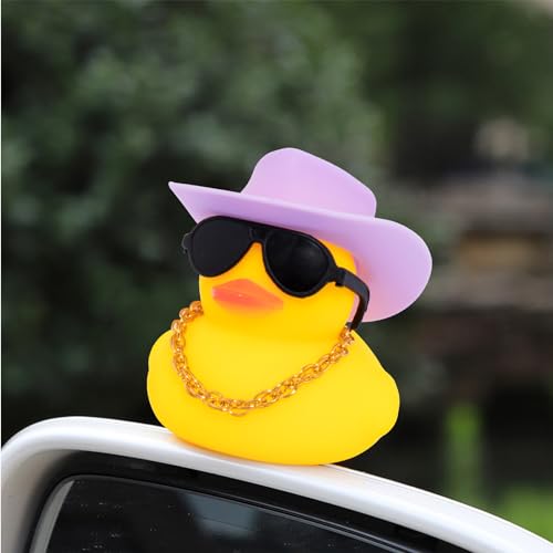 Image of wonuu Car Rubber Duck, Yellow Duck Decoration Dashboard with Sun Hat Swim Ring Necklace Sunglasses for Car Dashboard Decorations, Purple Cowboy Hat-Purple Donut