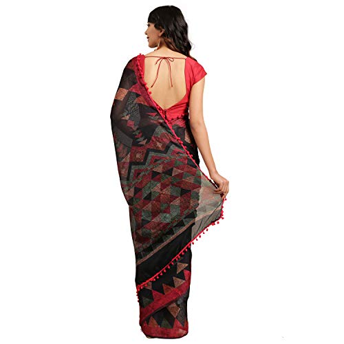 Womanista Women's Printed Cotton Blend Saree with Pom (FSP747_Black) - Image 3