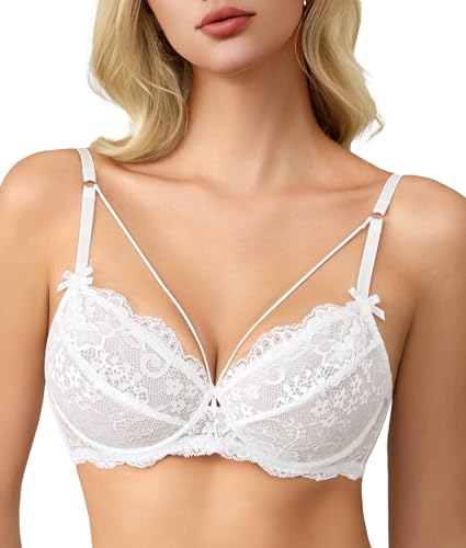Avidlove Damen BH Mit Bügel Sexy V-Ausschnitt Minimizer BHS Spitze Vollschalen Bra Lace Ungepolstert Bralette Mesh Unterwäsche Klassische BHS Weiß S