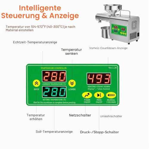 Foto von Automatische Ölpresse, 1000 W intelligenter Kalt- und Heißöl-Extraktor mit Temperaturanzeige, Edelstahl-Ölpresse für über 20 Samen und Nüsse, für die gewerbliche und private Küche