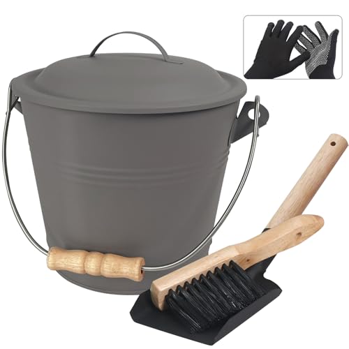 BRIAN & DANY Ash Bucket for Fireplaces, Coal Bucket with Lid, 5L Metal Buckets for Hot Ash with Shovel and Hand Broom, Gray
