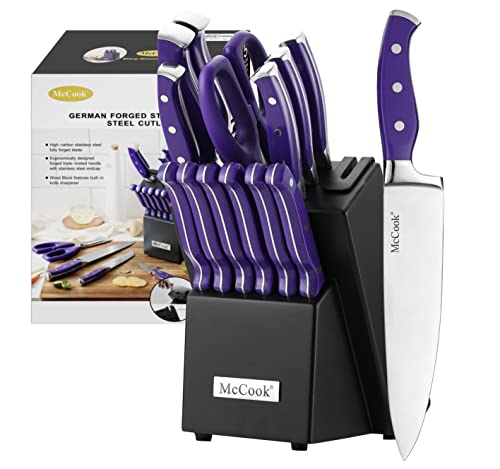 Image of McCook MC27 14 Pieces Stainless Steel kitchen knife set with Wooden Block, Kitchen Scissors and Built-in Sharpener, Purple
