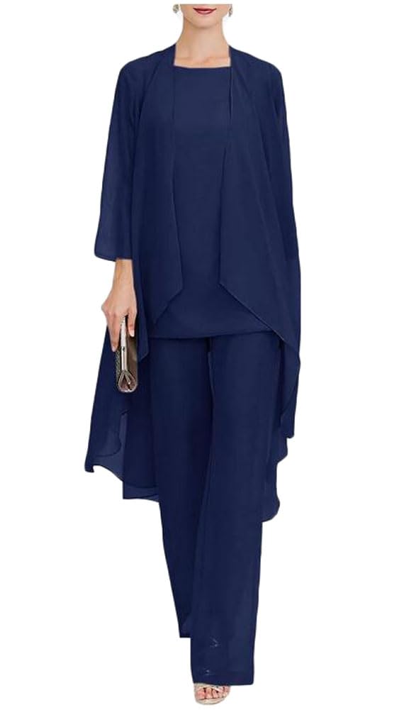 Botong 3 PC Chiffon Mother of The Bride Pants Suits with Long Jacket Wedding Guest Outfit Formal Evening Gown Navy UK22