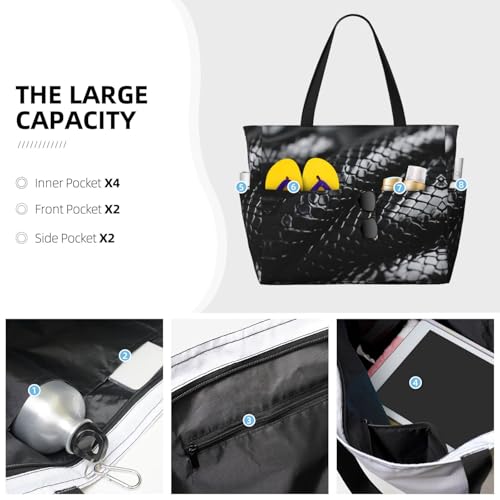 snake skin black and white Print Large Capacity Foldable Washable Zipper Beach Travel Tote Bag ShoppingBag3