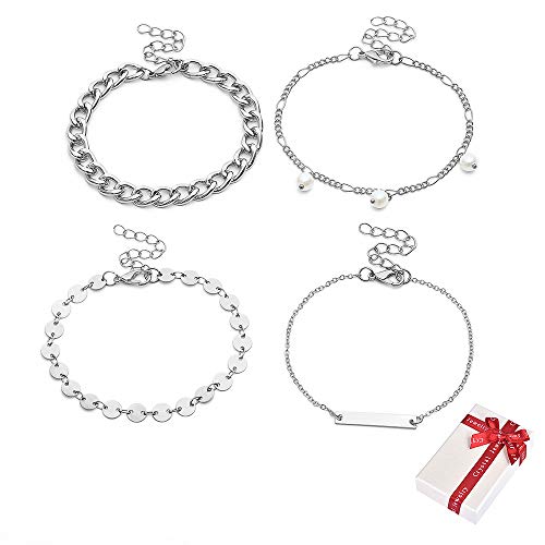 Preisvergleich Produktbild Juland 4 PCS Silber überzogenes Armband Stapelbare verstellbare Edelstahl-Verschlusskette Verschiedene geschichtete Brautjungfernarmbänder