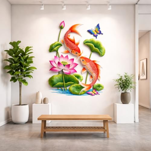 Image of Rangoli Koi Fish Wall Sticker 16 x 24 Inch Lotus Flower & Butterfly Design Self Adhesive Wall Decor for Living Room Bedroom Bathroom Nature Water Theme Wall Art