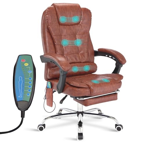 Blisswood 8-Point Massage Office Chair with Footrest & Lumbar Support - Faux Leather Executive 360 Swivel PC Desk Chair for Home Office & Gaming Room - 135 Recline Adjustable Height (Waxy Brown)