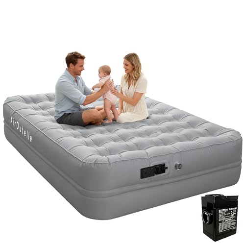 AirOutelle Queen Air Mattress with Built-in Pump - 3 Min Fast Inflation, 18' Portable Foldable Air Bed, 650lbs Capacity w/Rechargeable Battery, Plush Pongee Fabric for Camping & Guest Room (Gray)​
