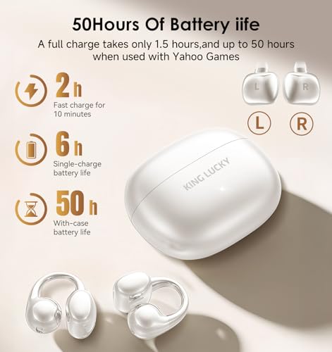 Image of King Lucky Clip-On Earbuds Gen 3, Open-Ear Wireless Bluetooth 6.0 Headphones with Mic, Secure Fit for Small Ears & Glasses Wearers, 50H Playtime, ENC, IPX5 Waterproof Sport Ear Buds (Light White)