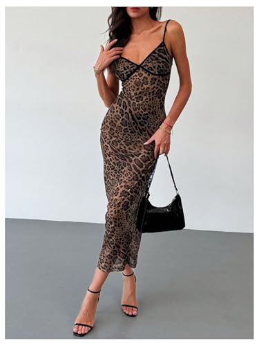 Image of BEAUDRM Women's Sexy Cheetah Sheer Dress Y2K Mesh Leopard See Through Bodycon Maxi Dress Going Out Date Party Rave Clubwear