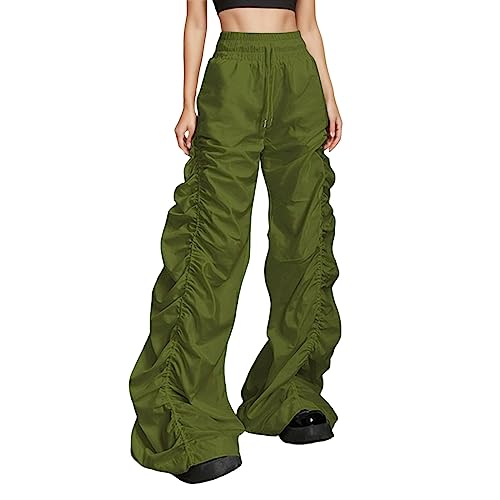 Womens Fashion Cargo Pants Casual Solid Color Loose Elastic Belt Waist Pants Long Trousers Adjustable Wide (Green, M)