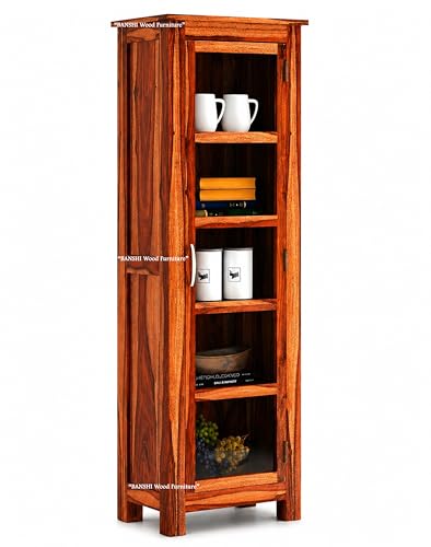 Image of BWF Premium Sheesham Glass Door view Display Self | Kitchen Crockery Cabinet | Bookcase | Wooden Almirah for Home, School, Office, Shop, Medical Clinic and Garage | Honey Finish | BP - 07