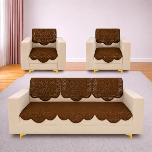 Image of Homerz Premium 'Surya Series' Sofa Cover | Stylish Sofa Protector | Net Fabric | Anti-Stain & Washable Slip Cover Exact Size Antislip (Flower Valley Brown, 5 (3+1+1) Seater, Seat Cover with Backrest)