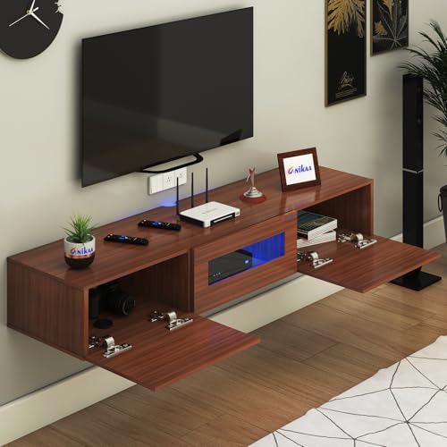 Image of Anikaa Lucen Wall Mount Modern Floating TV Unit for Living Room | 3 Closed Storage cabinets with hinged Door - Blue Color LED Light | Ideal for UP to 55 Inch TV (Walnut Finish - DIY Installation)