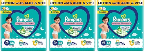 Image of Pampers Complete Skin Comfort Pants, Anti-rash blanket, Lotion with Vitamin E & Aloe Vera, Extra Large size baby diapers (XL) 56 Count, 12-17kg (Pack of 3)