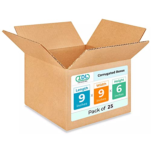 Small Moving &amp; Shipping Boxes 9"L x 9"W x 6"H (25-Pack) - Extra Strength 200 lb vs Regular - Corrugated Boxes for Packaging - Moving Box for USPS, FEDEX - Heavy Duty Shipping Box by IDL Packaging