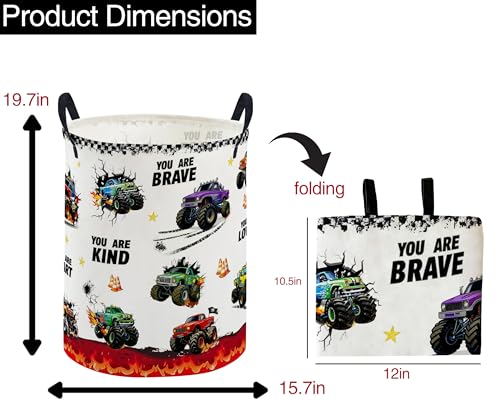 Image of ESSME Laundry Basket,Monster Truck Hamper Collapsible Canvas Storage Bin, Cute Hamper,Gift Baskets(Flame Truck)