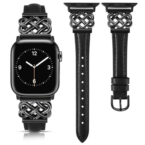 TOYOUTHS Compatible with Apple Watch Bands Women 38/40/41/42mm Dressy Slim Leather Strap with Designer Celtic Knot Interlock Buckle Bracelet for iWatch Series 11 10 9 8 7 6 5 4 SE 3 2 1, Black