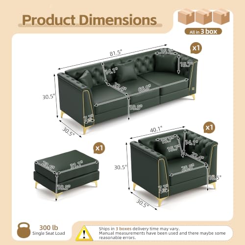 Image of KEIKI 2-Piece Chesterfield Sofa Set with Handmade Button Tufted, Green