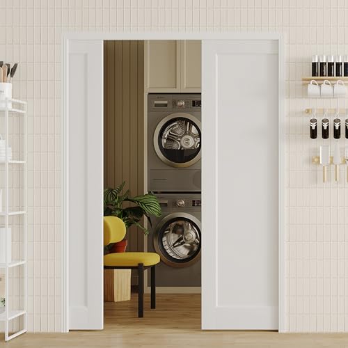 Image of Sliding Pocket Door, 48 inch(2 x 24) x 80 inch, 1-Panel Core with Frame and Hardware Kit Set, Interior Doors for Pocket Door, White Primed - No Panel Assembly Required