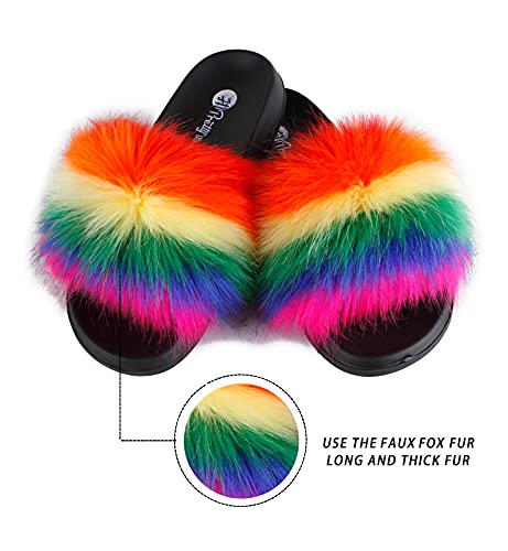 Image of Women's Faux Fur Slides, Open Toe Cute Fur Slippers, Indoor or Outdoor Comfortable Furry Slide Sandals With Fluffy Fur