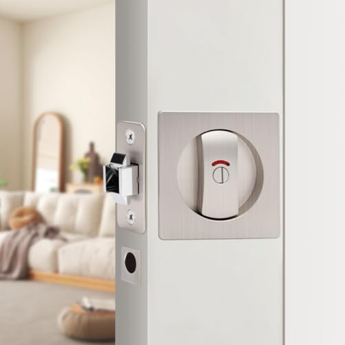 Cerradura para puerta corrediza de bolsillo Ejoyous con tirador lateral, aleación de zinc, indicación de privacidad rojo y verde, diseño empotrado para cocina, dormitorio y baño, acabado plateado miniatura 2